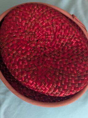 Vintage Red Straw Hat, 1950's-60's, Peach Ribbob & Bow, Special Occasion Hat
